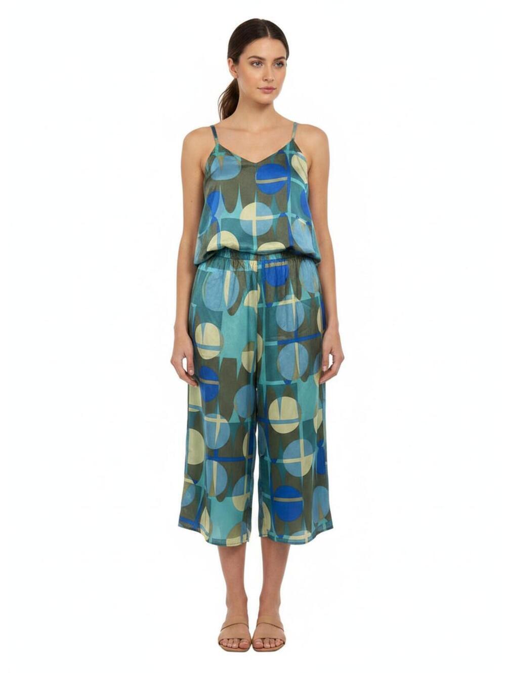 Ashley Stewart Satin Geo Print Pajama Lounge Set Cami & Wide Leg Pants Size 1X